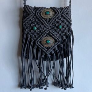 Grayish Blue Macrame Fringe Crossbody Bag with Fake Turquoise Accents